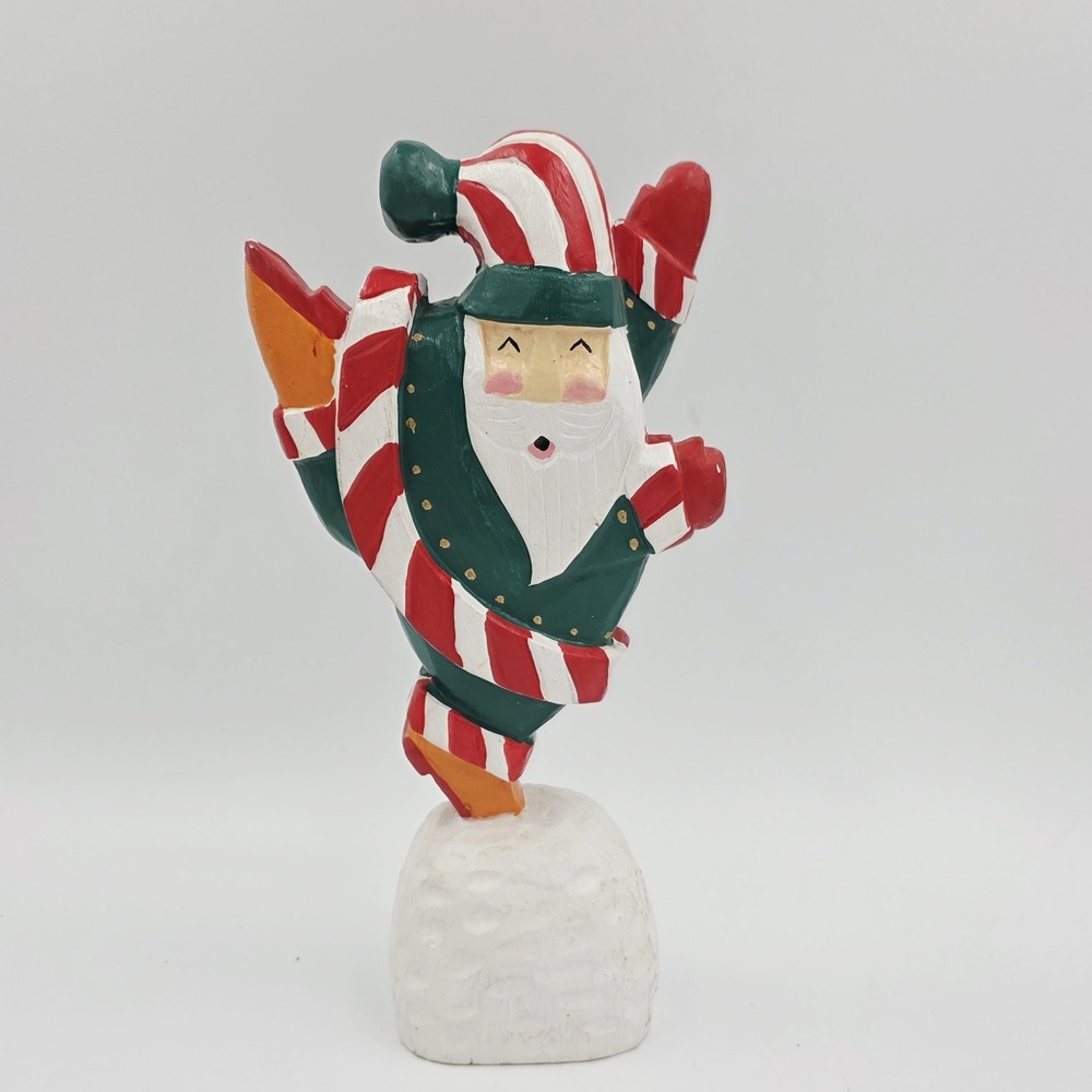 Vintage Hand-carved Jolly Santa On A Platform Snowball Happy Red White Green 10"
